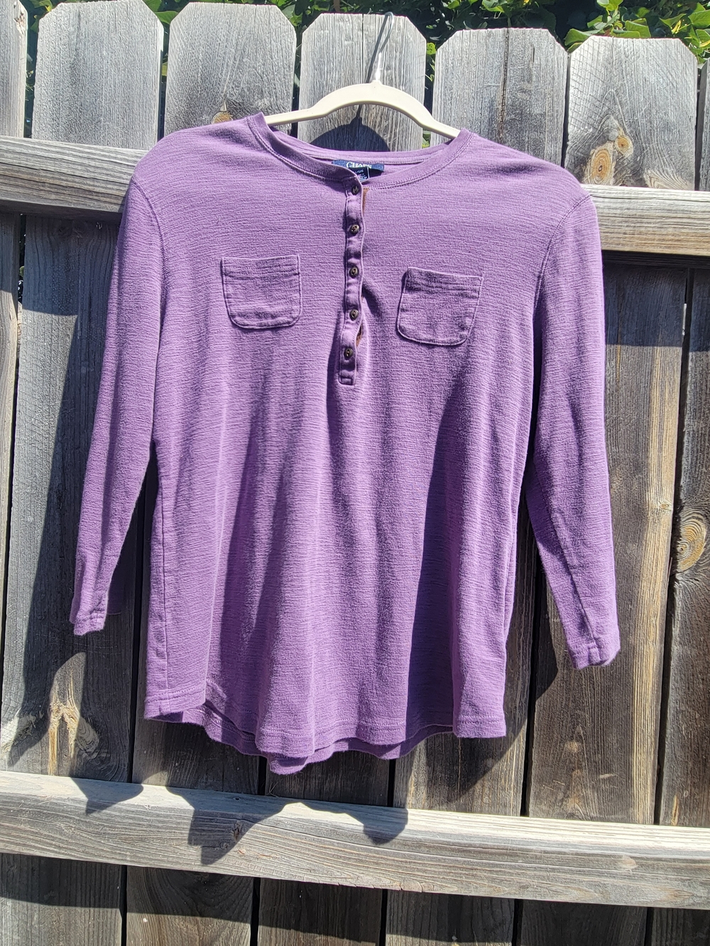 Chaps 100% Cotton Women Size L Henley Button Up Purple Shirt Dual Chest Pockets